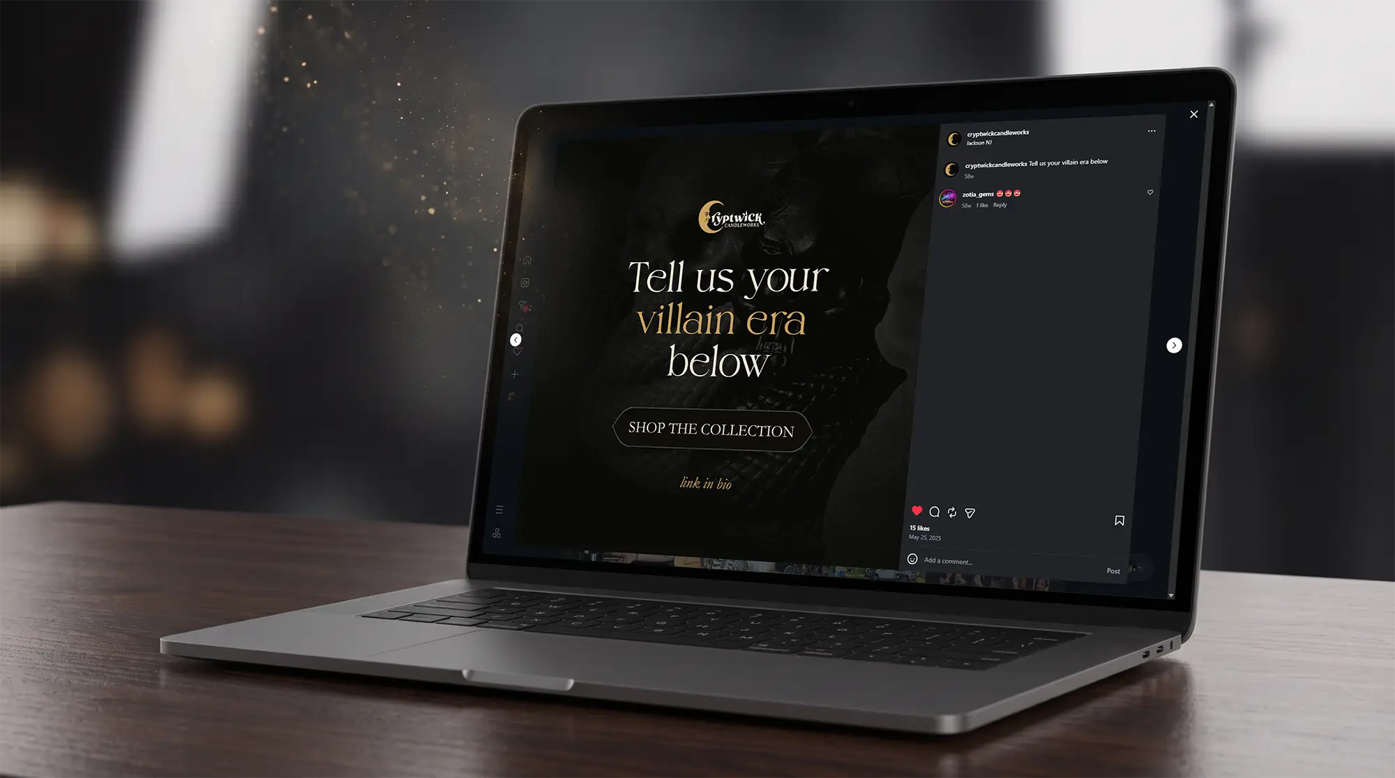 A "Tell us your villain era below" Cryptwick campaign post open on a laptop, with comments alongside