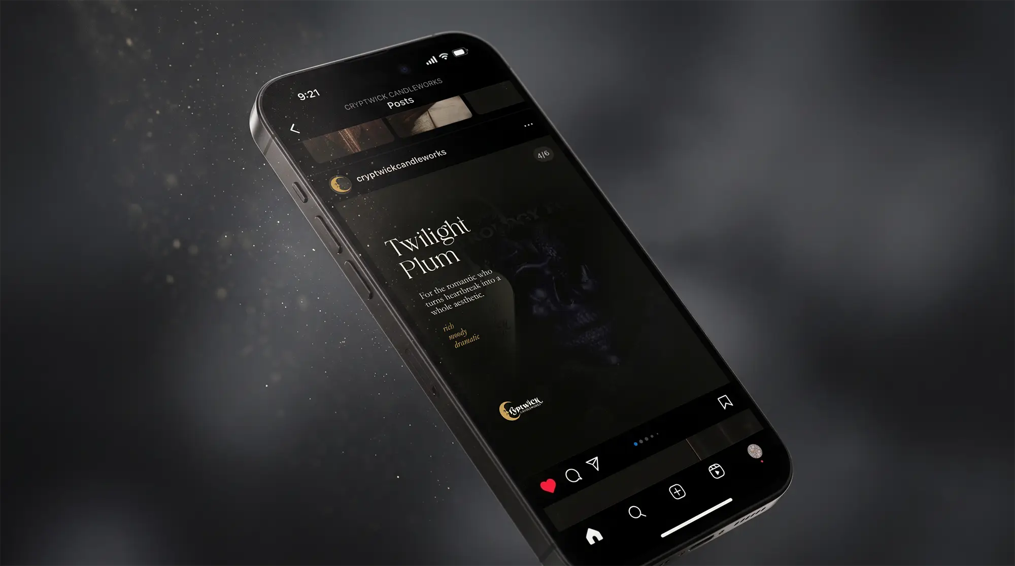 Cryptwick Candleworks Instagram carousel on a phone — a gothic candle brand's feed, ready to post