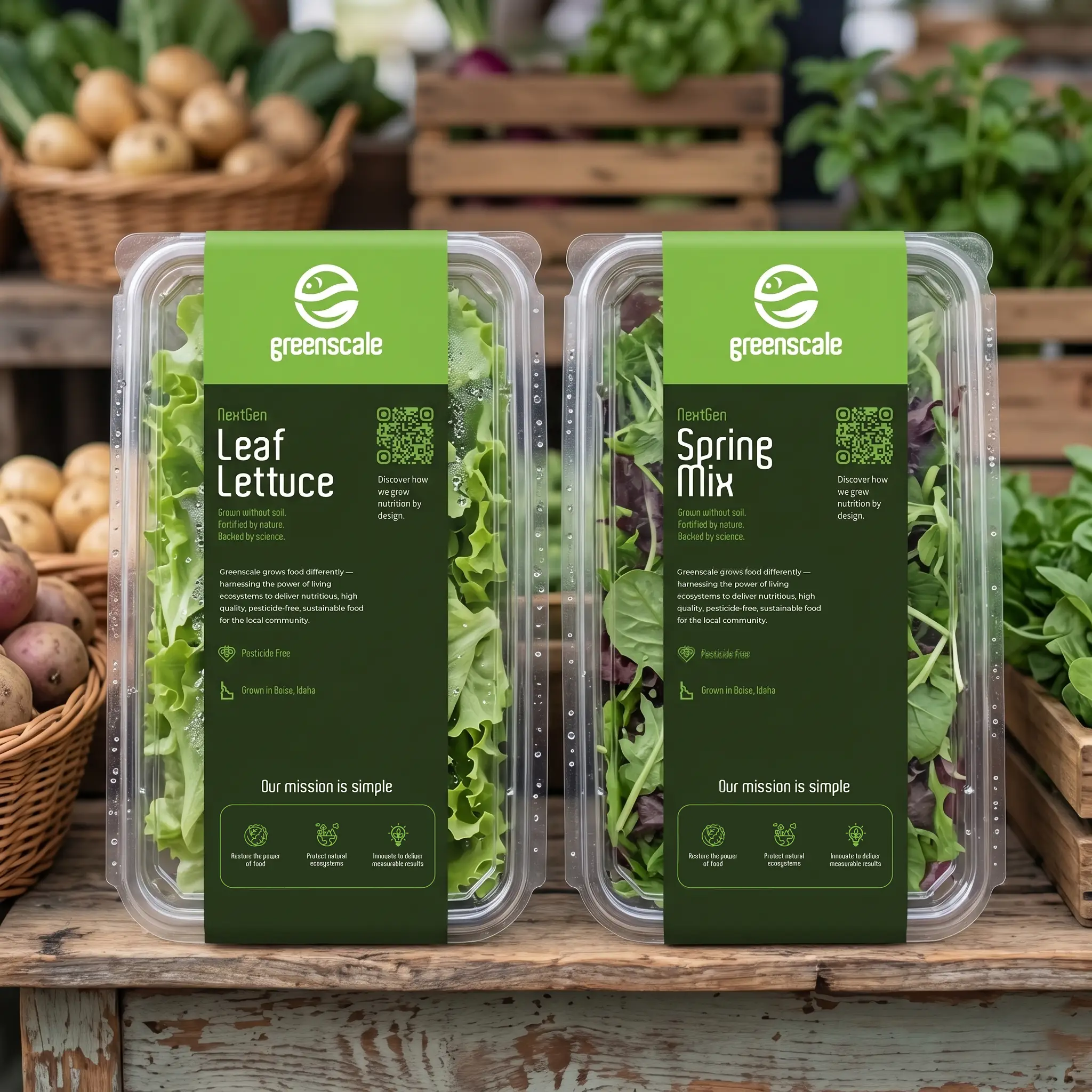 Greenscale lettuce packaging displayed at a market stall