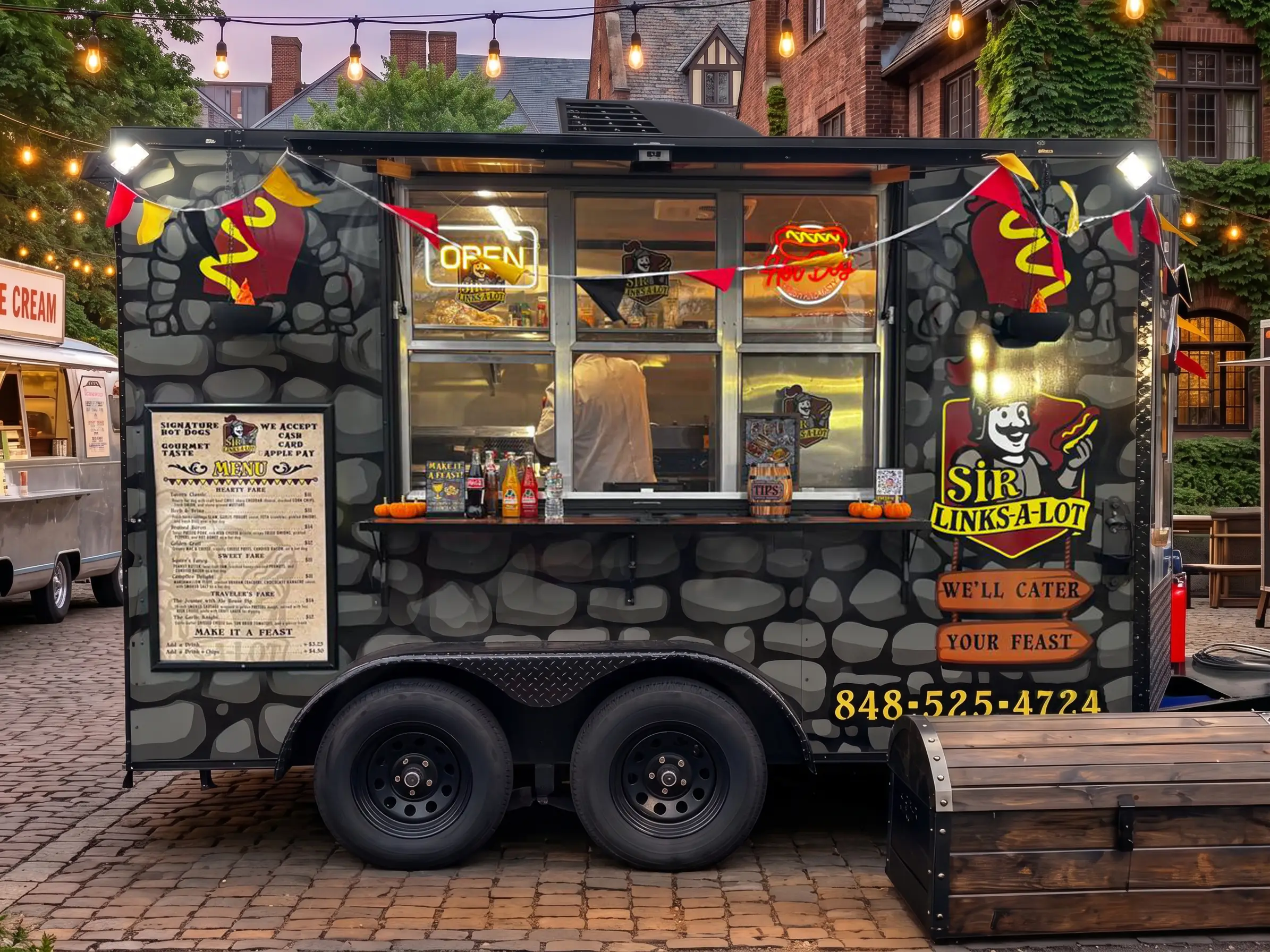 The Sir Links-A-Lot food truck, decked out in stone-castle wrap