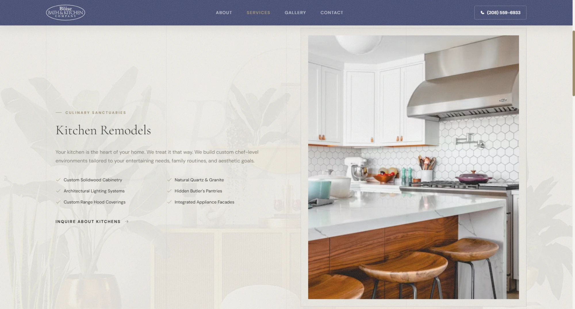 Kitchen Remodels service page with a custom cabinetry detail list