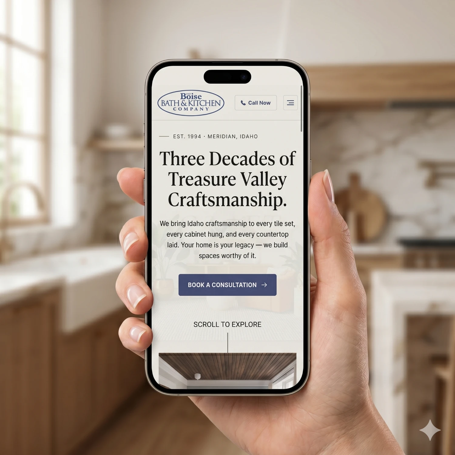 The Boise Bath & Kitchen Company website shown on an iPhone