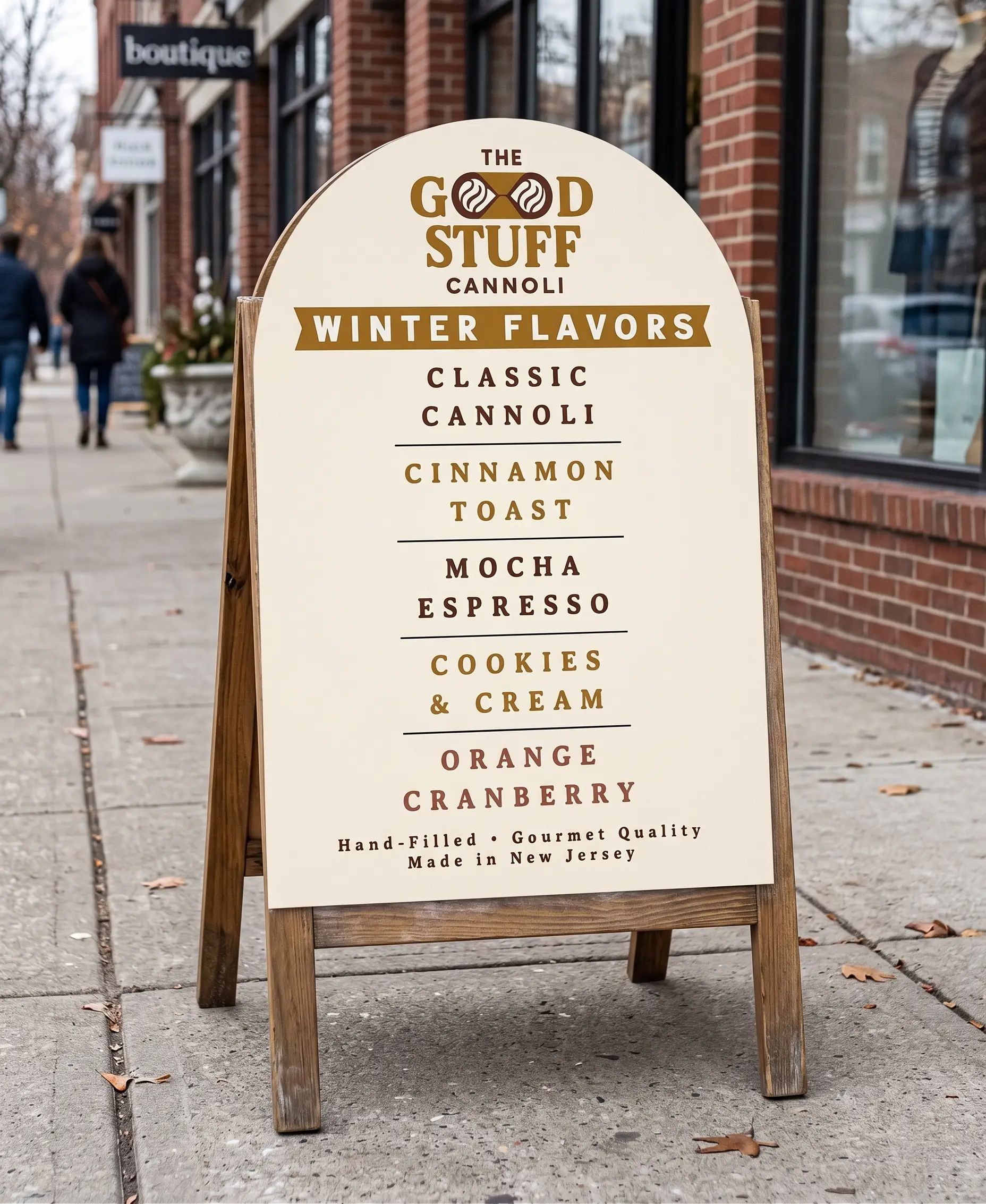 The Good Stuff Cannoli sidewalk sign listing winter flavors