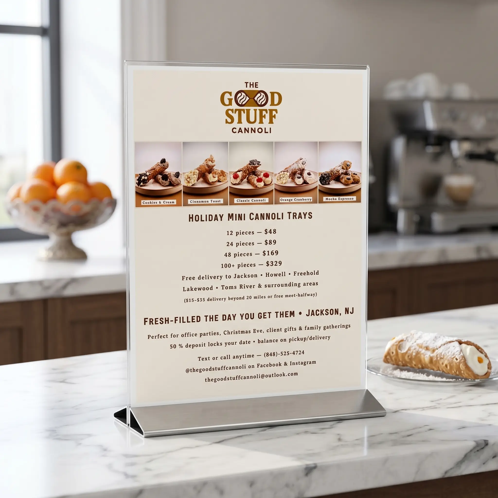 The Good Stuff Cannoli flyer with flavor photos and holiday tray pricing